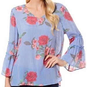Zac & Rachel Women's Top V-neck Pinstripe Floral Boho Tiered Bell Sleeve Size S